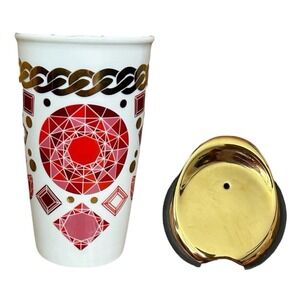 2014 STARBUCKS Ceramic Tumbler Mug w/ Lid Red Geometric Gem Gold Chain 12 oz